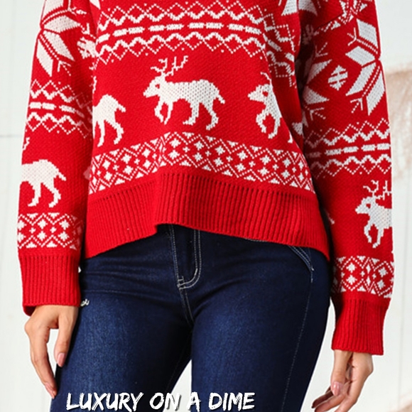 Fair Isle Snowflake Reindeer Knit Round Neck Classic Holiday Minimalist Sweater - Picture 4 of 7